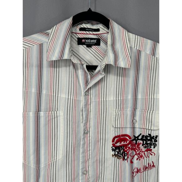 Ecko Unltd Shirt Mens XL Striped Short Sleeve Button Up Graffiti Embroidered Y2k - Picture 4 of 12